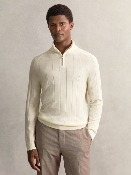 Merino Wool Wide-Rib Half-Zip Jumper Bianco | Men