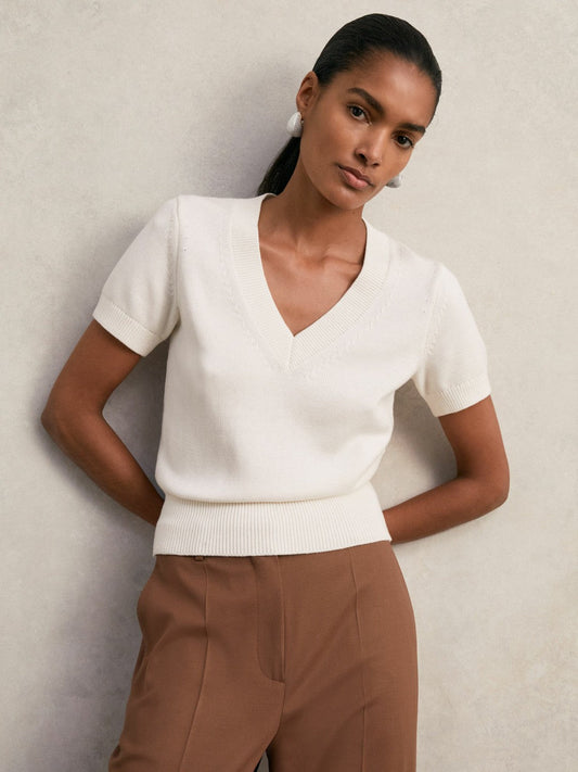 Cotton-Wool Knit V-Neck Top Ivory | Women
