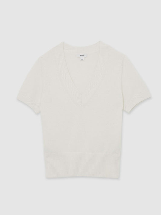 Cotton-Wool Knit V-Neck Top Ivory | Women