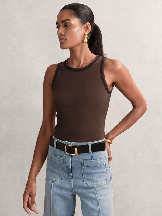 Stretch-Cotton Jersey Tipped Vest Chocolate Brown/Black | Women