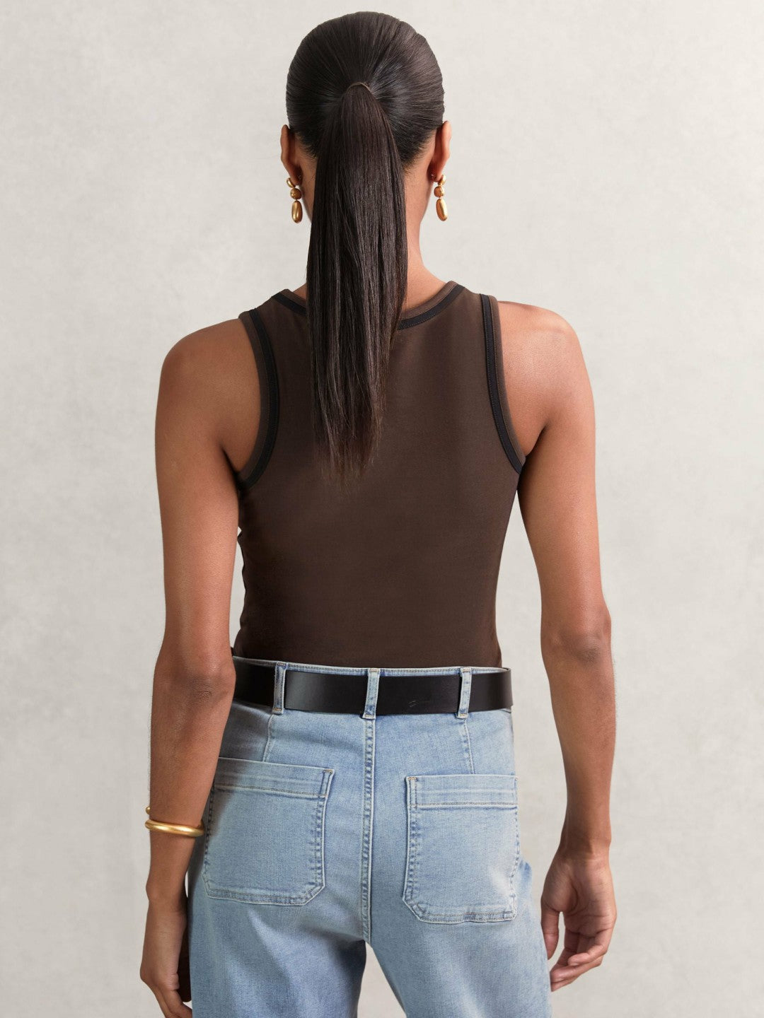 Stretch-Cotton Jersey Tipped Vest Chocolate Brown/Black | Women