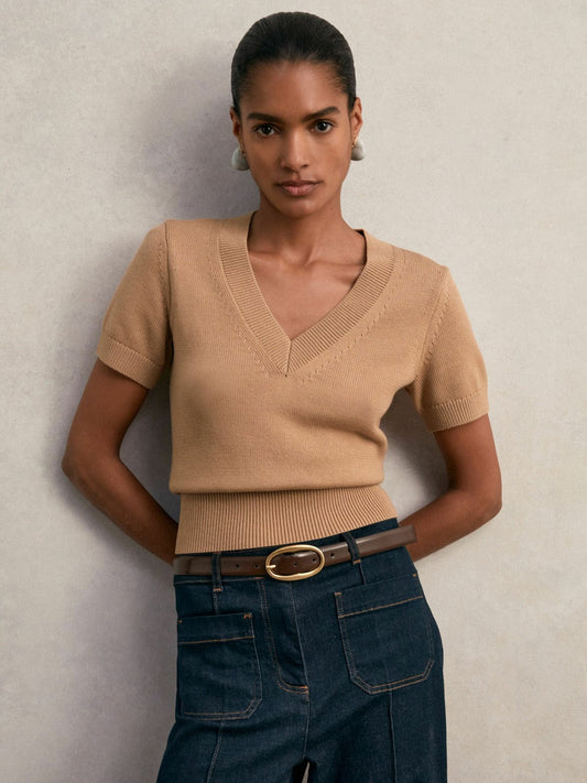 Cotton-Wool Knit V-Neck Top Camel | Women