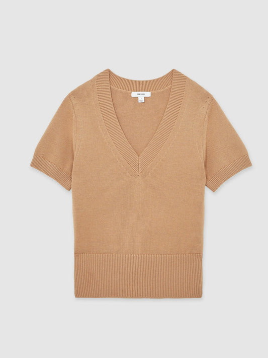 Cotton-Wool Knit V-Neck Top Camel | Women