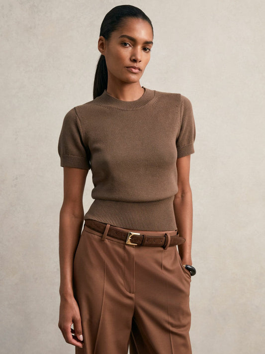 Cotton And Wool Crew-Neck Top Brown | Women
