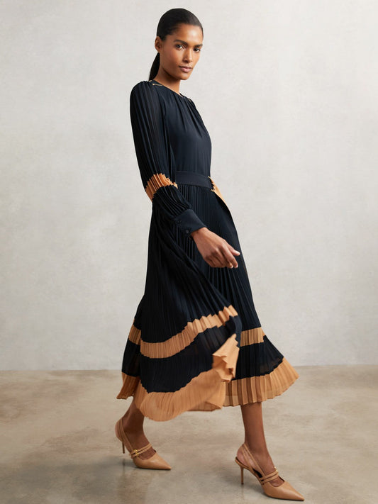 Colour-Block Pleated Midi Dress Navy/Camel | Women