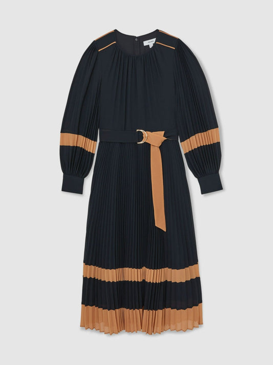 Colour-Block Pleated Midi Dress Navy/Camel | Women