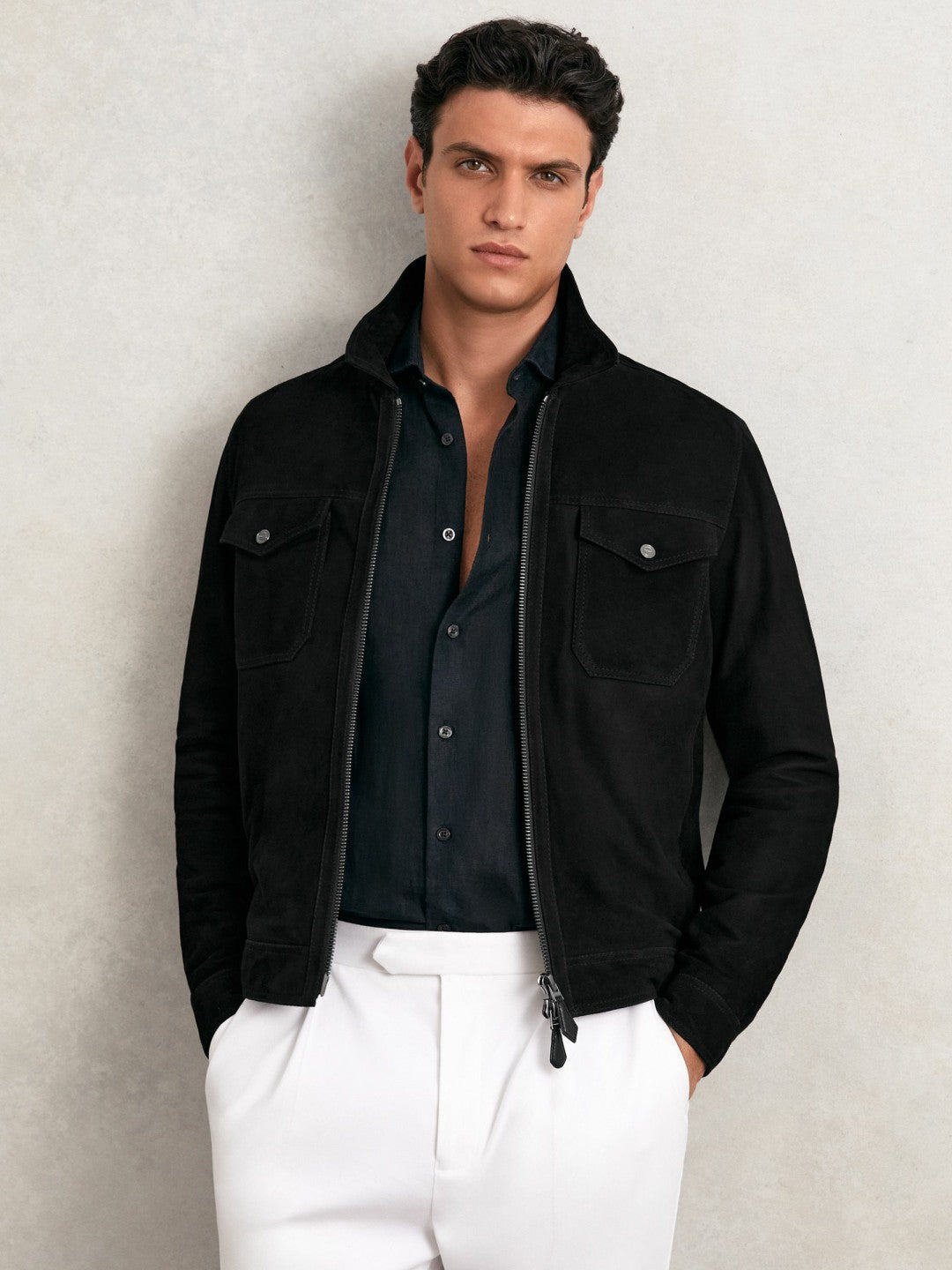 Suede Zip Through Jacket Black | Men