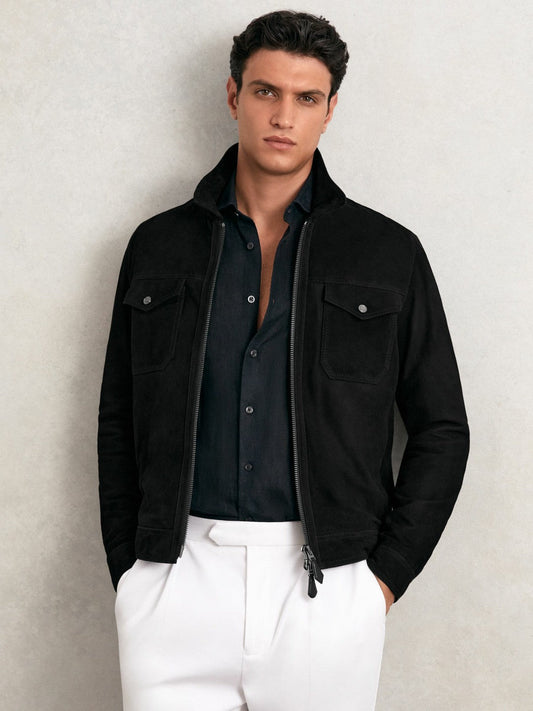 Suede Zip Through Jacket Black | Men