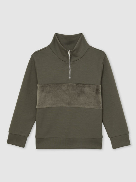 13-14 yrs Slim Fit Half-Zip Funnel Neck Velour Sweatshirt Dark Sage Green | Children & Baby