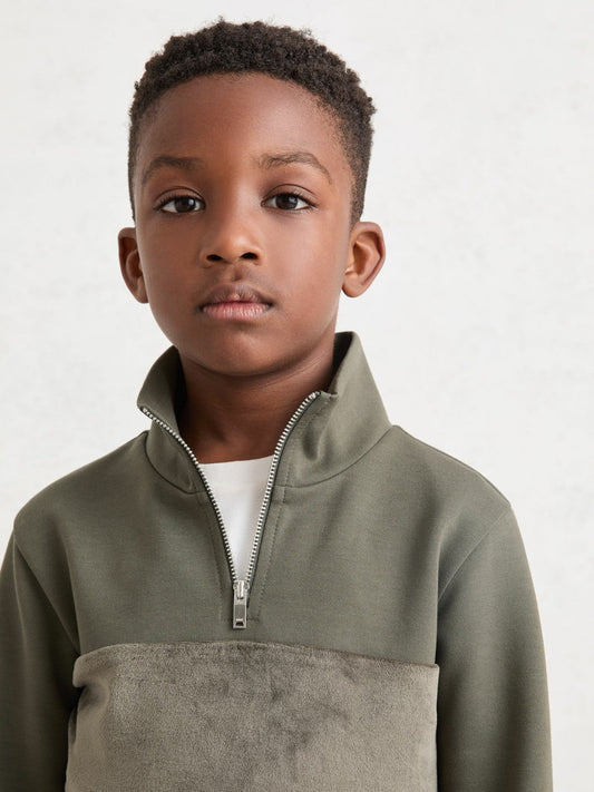 13-14 yrs Slim Fit Half-Zip Funnel Neck Velour Sweatshirt Dark Sage Green | Children & Baby