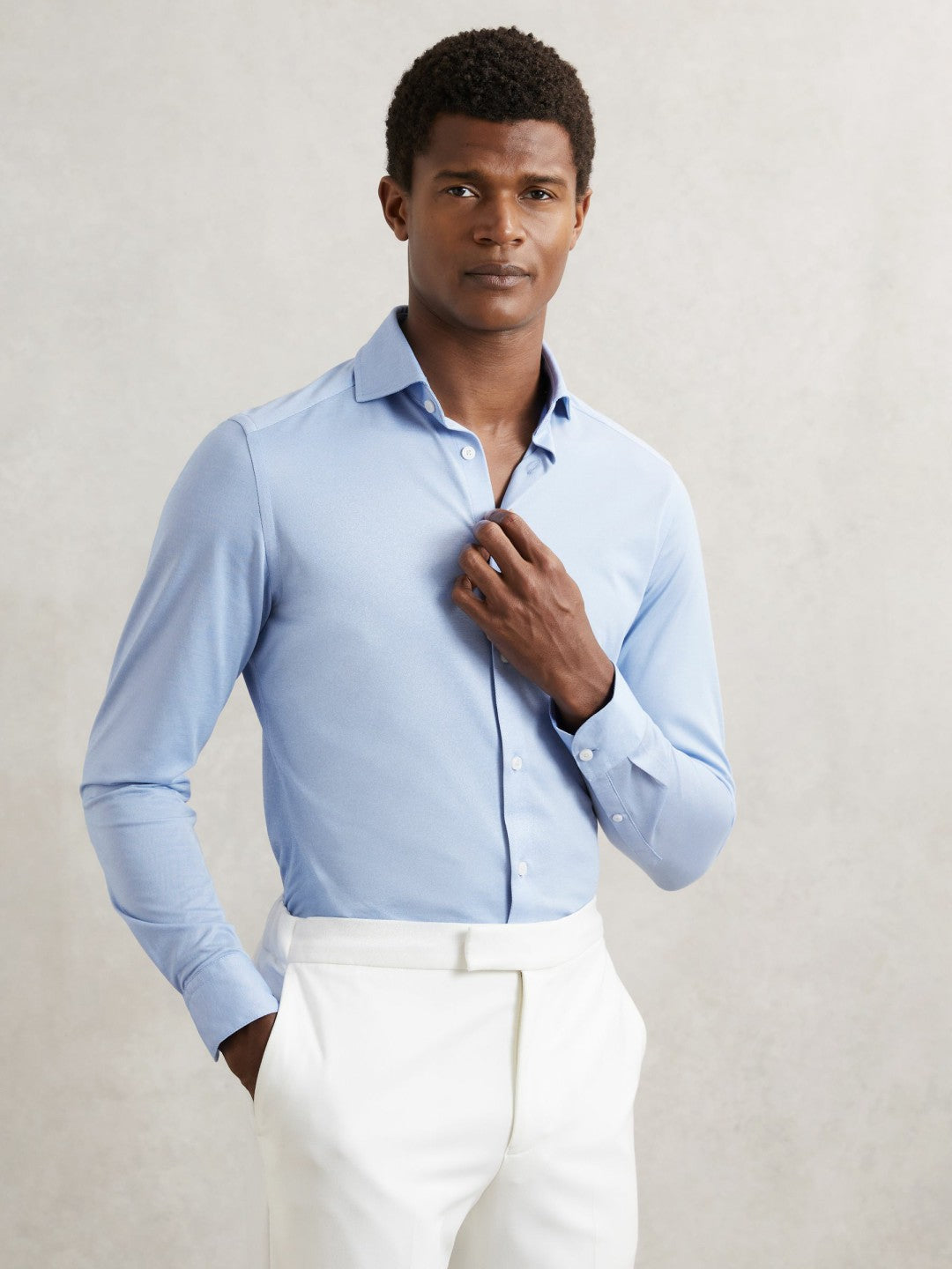 Cotton-Blend Jersey Cutaway-Collar Shirt Soft Blue | Men