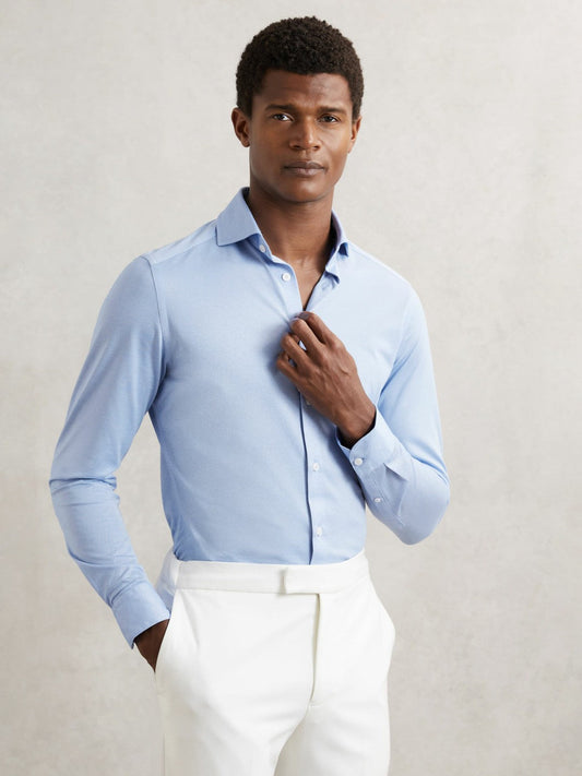 Cotton-Blend Jersey Cutaway-Collar Shirt Soft Blue | Men