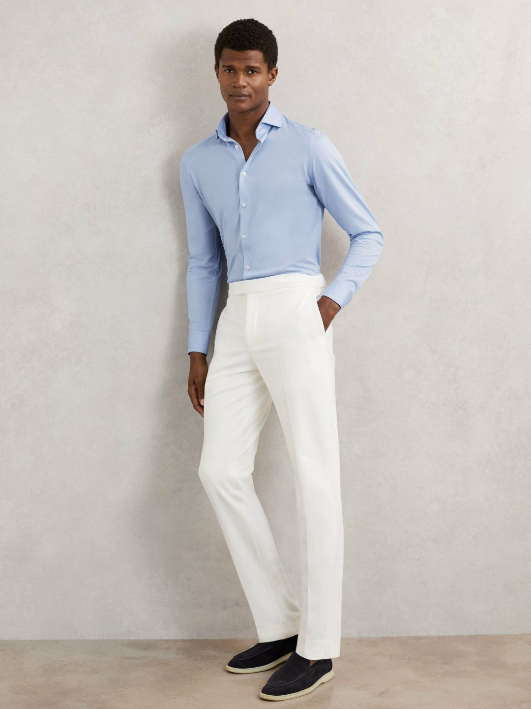 Cotton-Blend Jersey Cutaway-Collar Shirt Soft Blue | Men