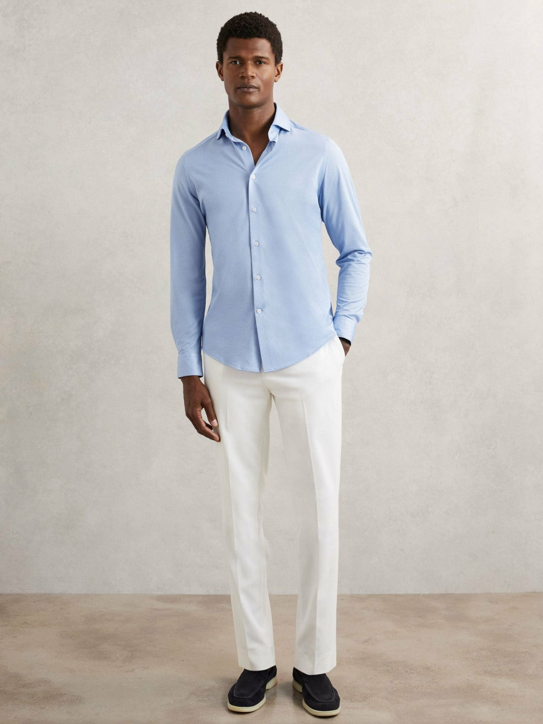 Cotton-Blend Jersey Cutaway-Collar Shirt Soft Blue | Men