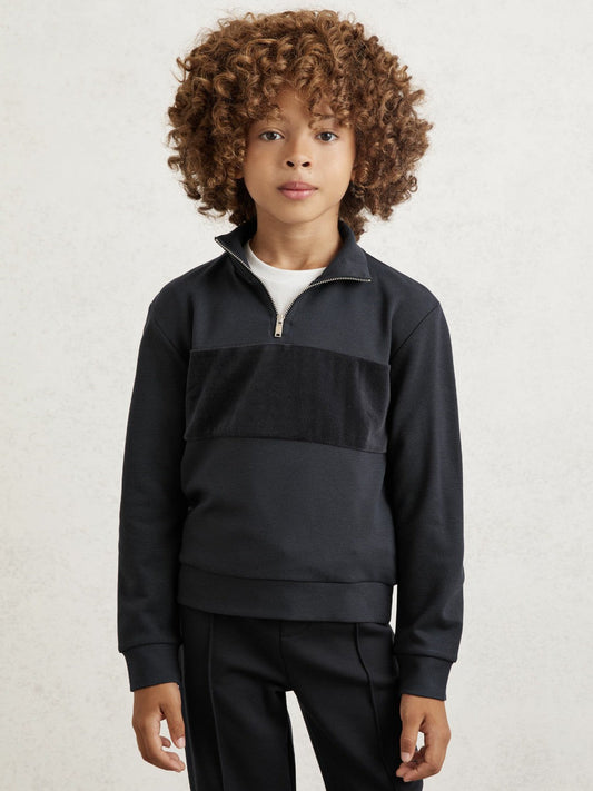 3-9 yrs Slim Fit Half-Zip Funnel Neck Velour Sweatshirt Navy Blue | Children & Baby