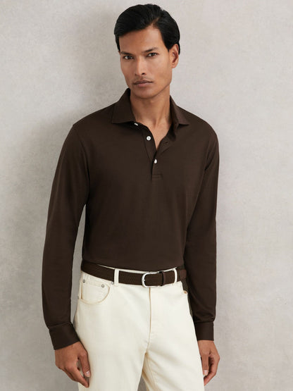 Cotton-Jersey Long Sleeve Polo Shirt Brown | Men