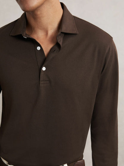 Cotton-Jersey Long Sleeve Polo Shirt Brown | Men