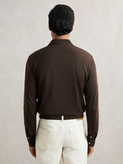 Cotton-Jersey Long Sleeve Polo Shirt Brown | Men