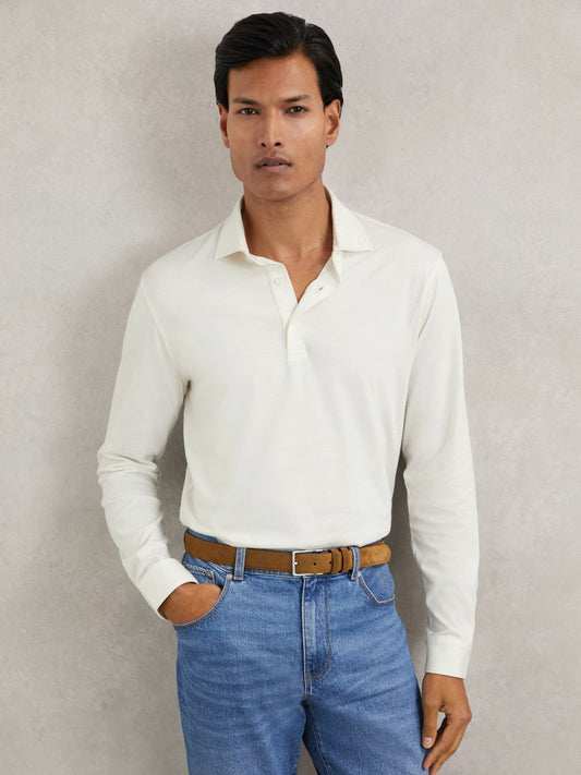 Cotton-Jersey Long Sleeve Polo Shirt White | Men