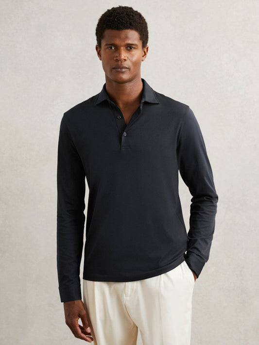 Cotton-Jersey Long Sleeve Polo Shirt Navy | Men