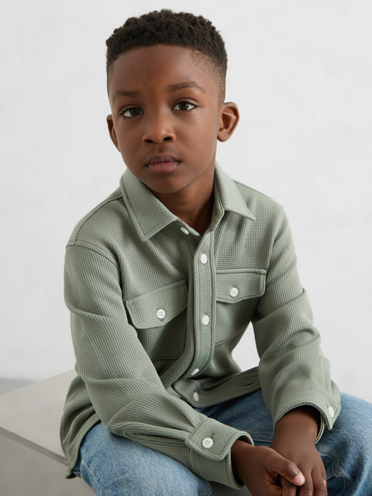3-9 yrs Waffle-Textured Twin-Pocket Overshirt Sage | Children & Baby