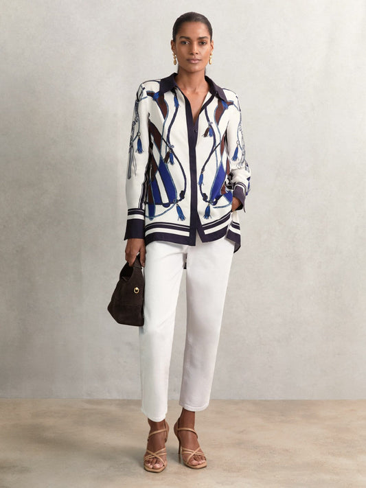 Scarf Print Colourblock Shirt Navy | Women