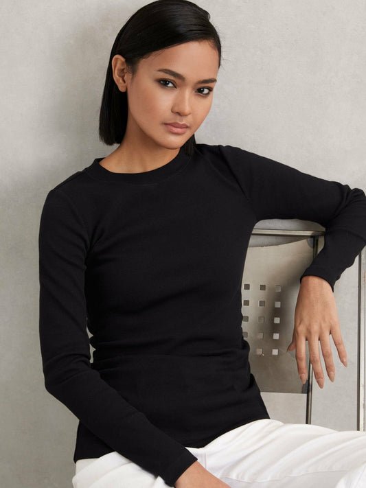 Cotton Long-Sleeve Ruched T-Shirt with Stretch Black | Women