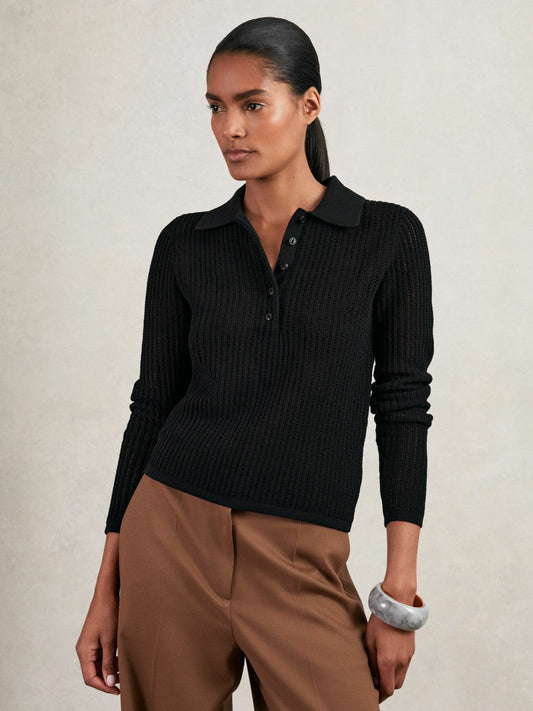 Open-Knit Long-Sleeve Polo Top Black | Women