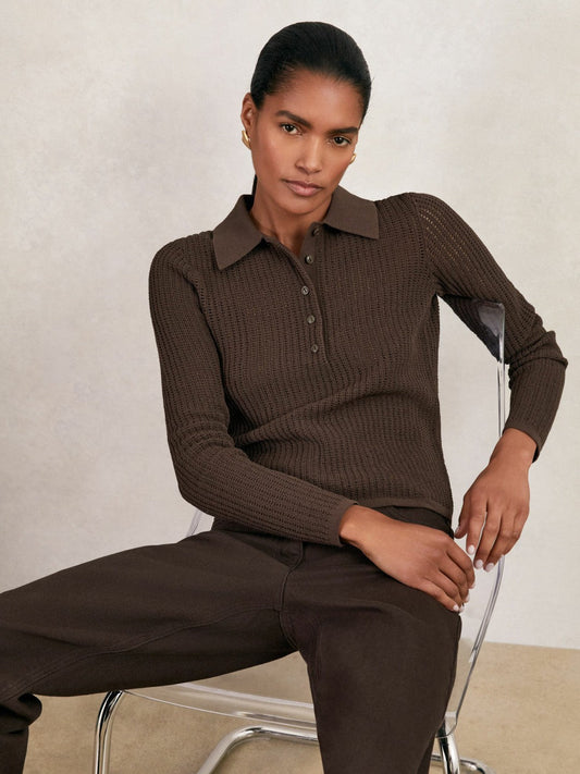 Open-Knit Long-Sleeve Polo Top Chocolate Brown | Women