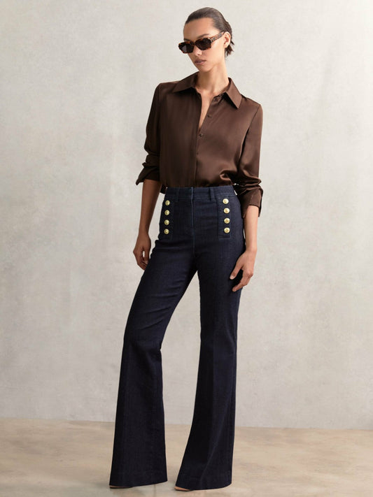 Petite Button-Detail High-Rise Flared Jeans Dark Blue | Women
